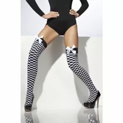 Tights - Opaque Hold Ups, Black & White Check With Bow